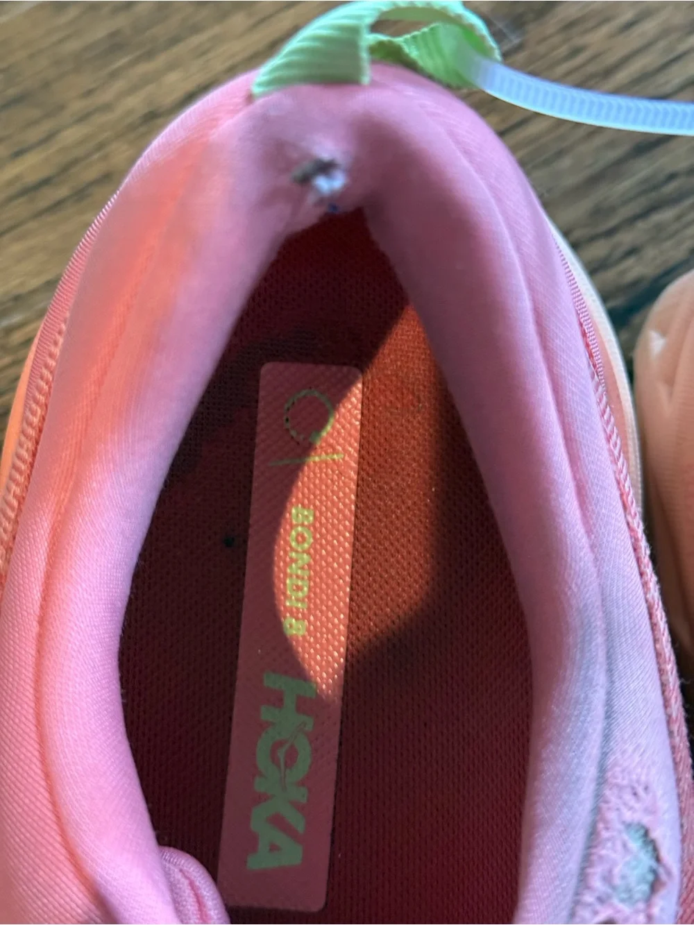 Hoka Women's Coral Pink Bondi 8 Athletic Running Shoes with Mint Accents 10B